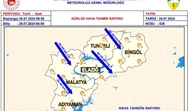 ELAZIĞ İÇİN KUVVETLİ RÜZGAR UYARISI