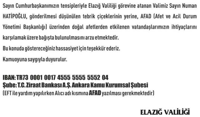 VALİ HATİPOĞLU, ÇİÇEK YERİNE AFAD’A BAĞIŞTA BULUNULMASINI İSTEDİ