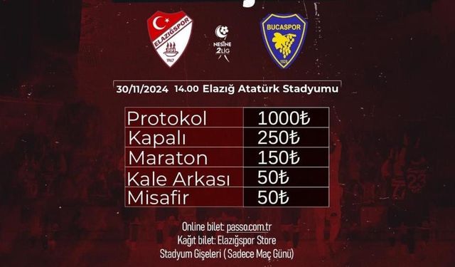 ELAZIĞSPOR - BUCASPOR 1928 MAÇI BİLETLERİ SATIŞTA