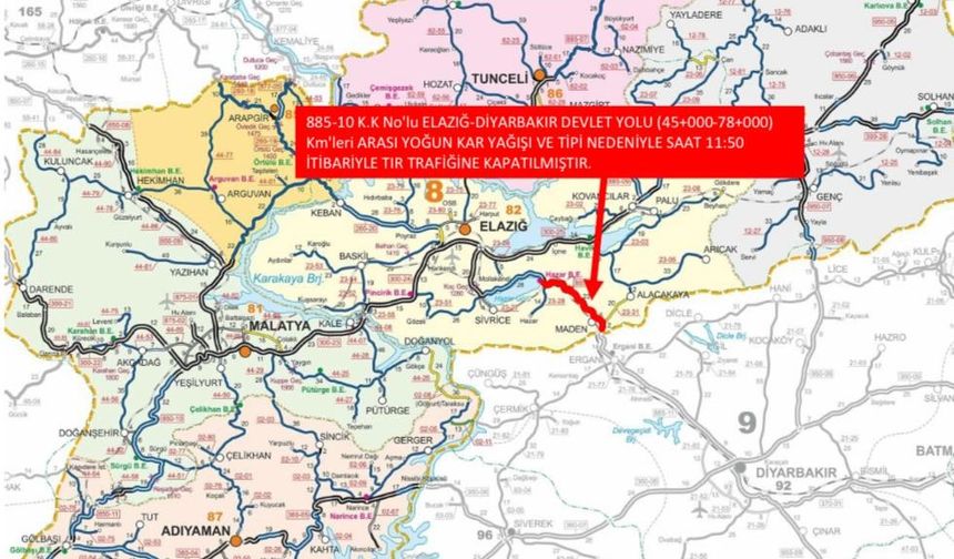 ELAZIĞ - DİYARBAKIR YOLU AĞIR ARAÇ TRAFİĞİNE KAPATILDI