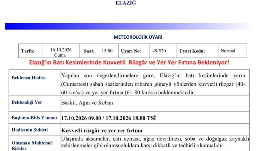 KUVVETLİ RÜZGAR VE FIRTINA UYARISI